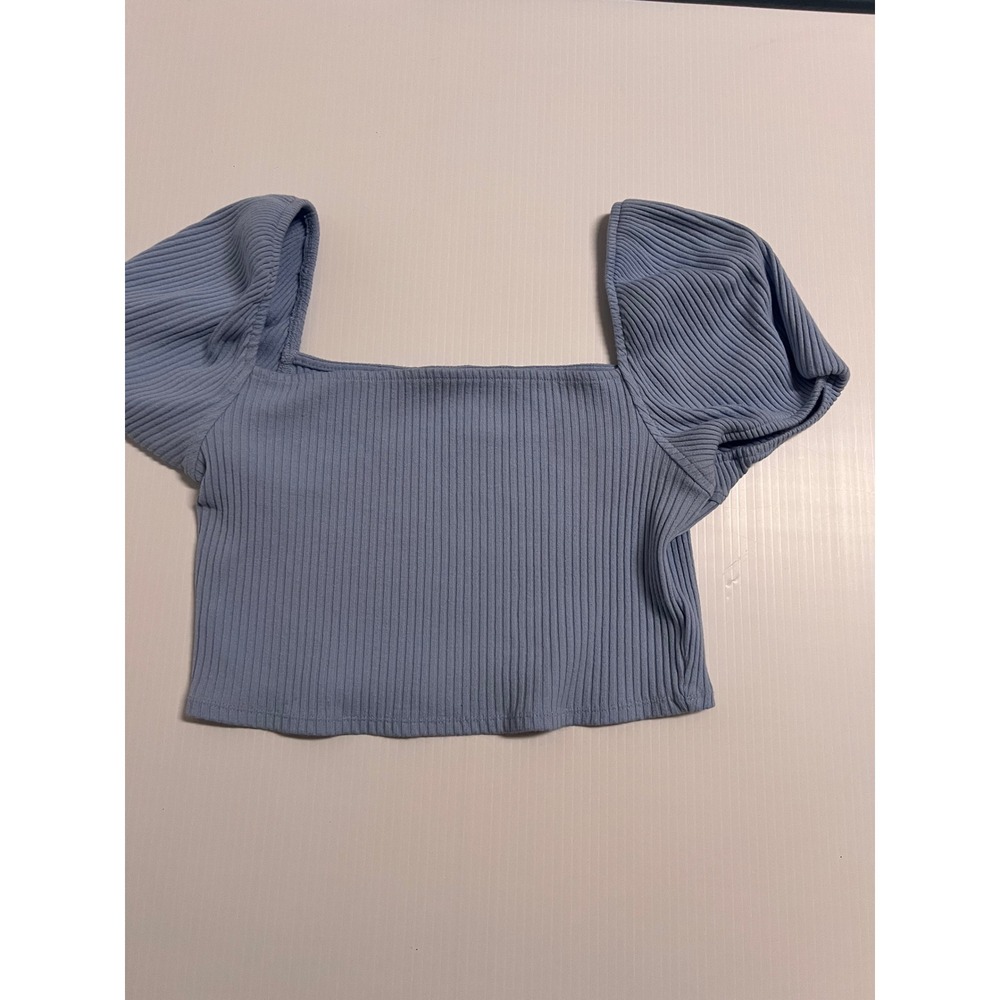 H&M Ribbed Knit Crop Top Blue Square Neck Puff Sleeve Size Large